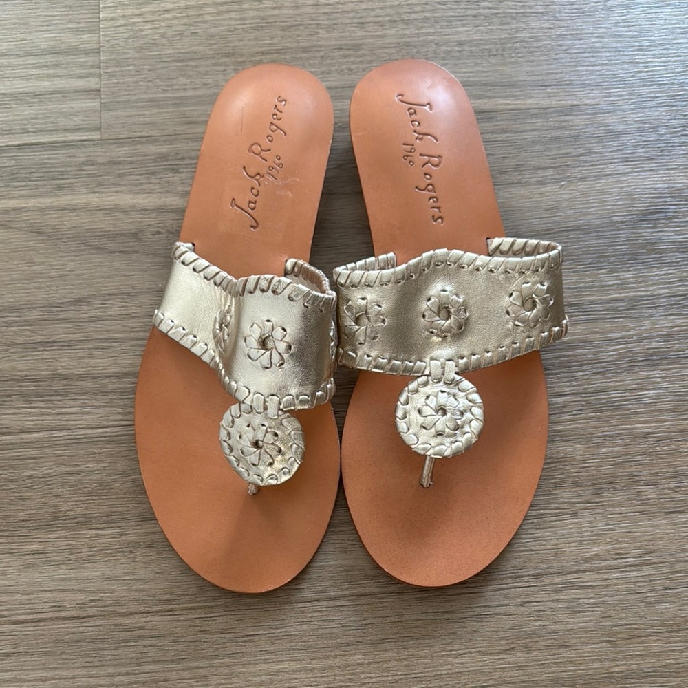 Jack Rogers Gold Sandals with Ornate Medallion Design